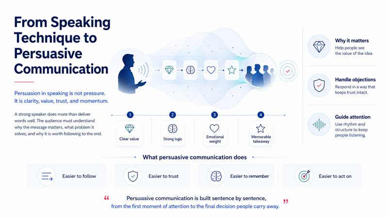 Public speaking and communication coach using persuasive communication with an audience